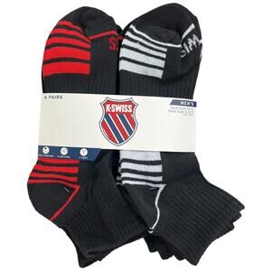 K-Swiss 6-pair black stripe socks red white blue mens 10-13 shoe size 6-12.5 NWT